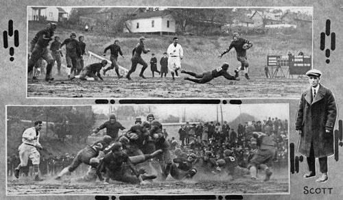 A black and white photo dated circa 1920 shows football players tackling. To the right, is Alabama coach Xen Scott,